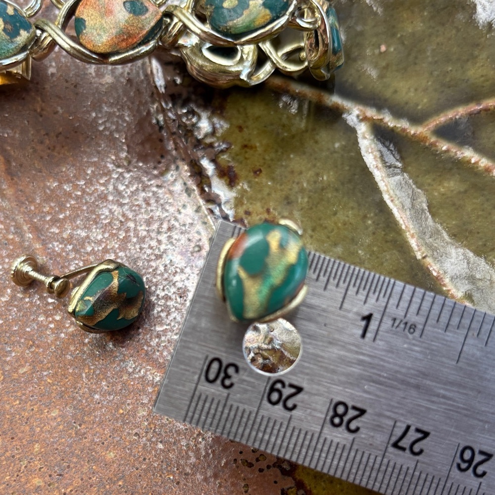 Coro Champagne Gold Bracelet and Earrings Set with Teal Marbled Accents - Picture 6 of 11